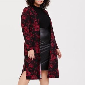 Torrid Studio Knit Long Line Rose Print Open Cardigan